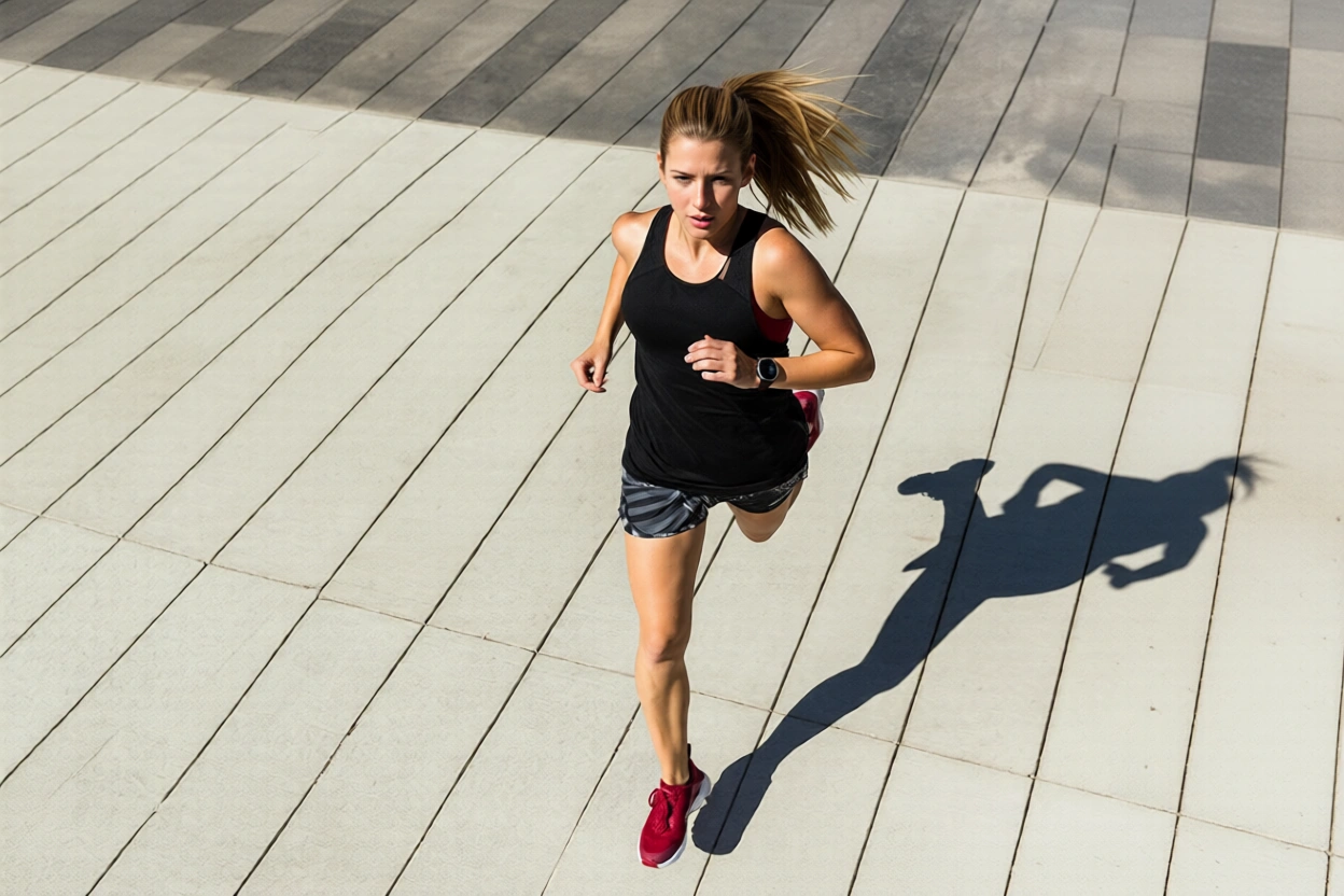 After camera reframe - woman running with new camera position